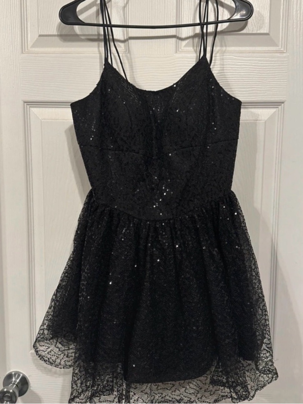 Black Sequin Lace Mini Dress with Double Spaghetti Straps